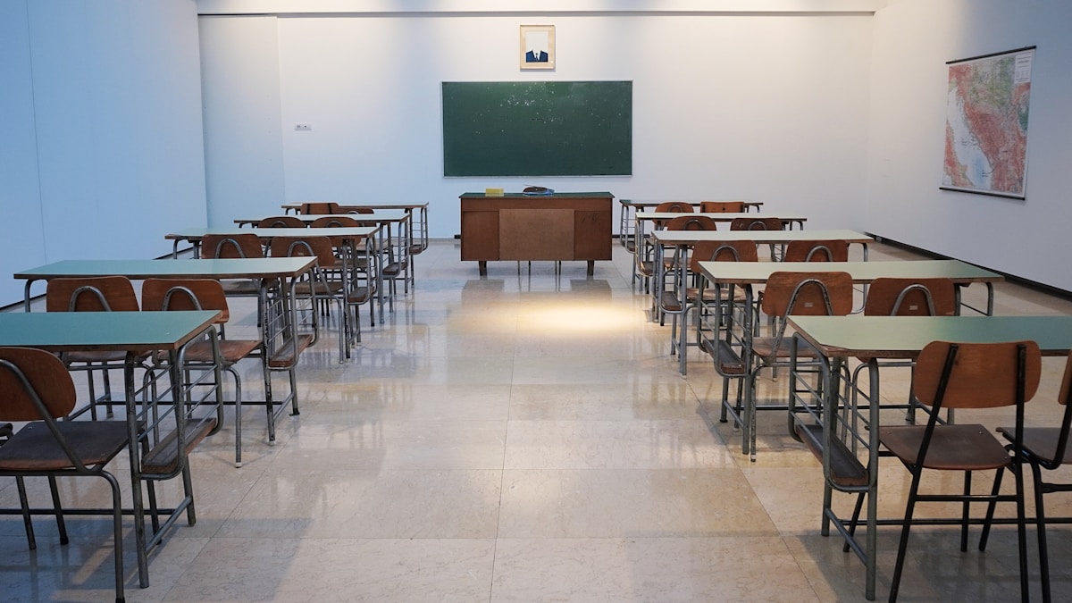 Students learning in a bright classroom